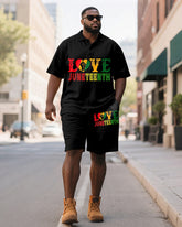 Men's Plus Size Juneteenth Colorblock Alphabet Print Short Sleeve Polo Shirt Shorts Suit